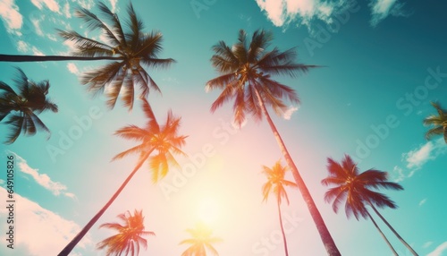 silhouette tropical palm tree with sun light on sunset sky and cloud abstract background. Summer vacation and nature travel adventure concept. Vintage tone filter effect color style. © Kowit