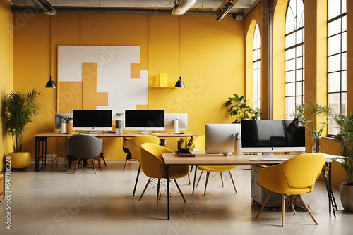 Office meeting room with writing board long table with tablet chairs potted plants on decorated yellow desk glass wall with blurred outside hallway 