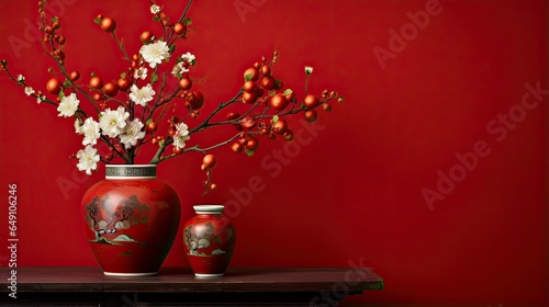 A red wall with chinese  decorations and a vase photo