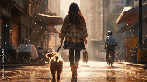A woman is walking with  a dog on the street