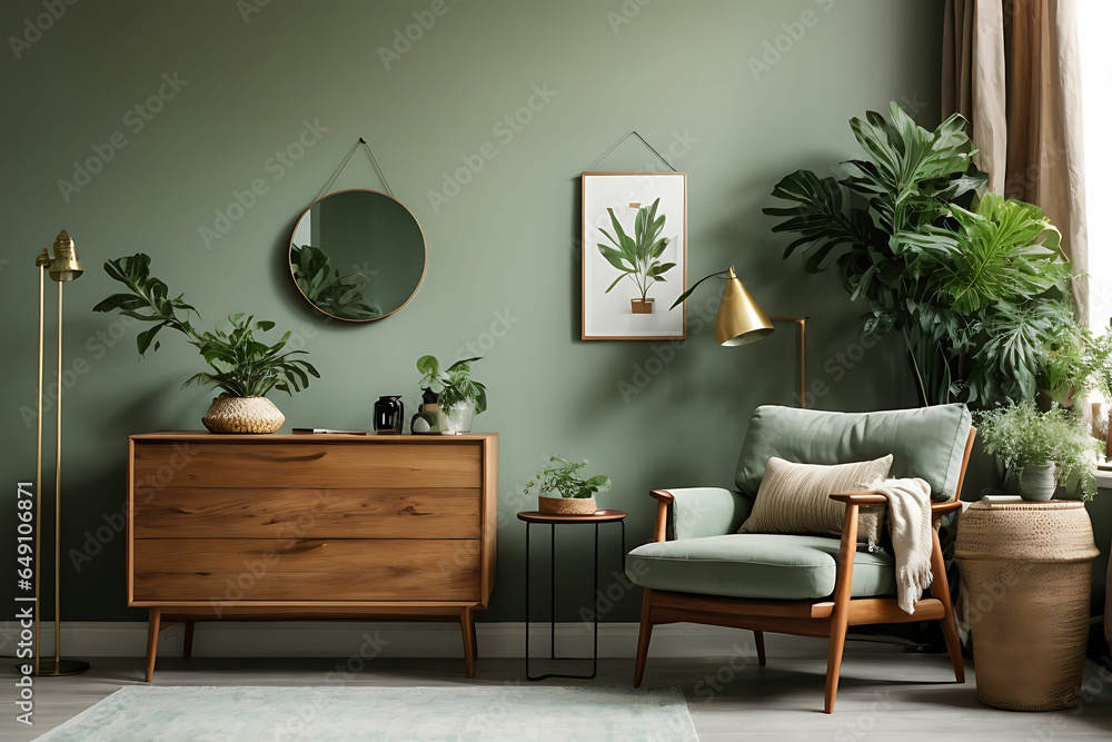 Obraz na płótnie Luxury living room in house with modern interior design, green velvet sofa, coffee table, pouf, gold decoration, plant, lamp, carpet, mock up poster frame and elegant accessories. w salonie
