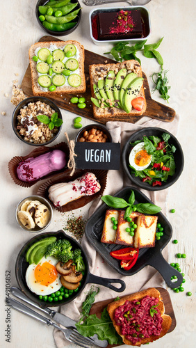 Healthy vegan food. Mushrooms, tofu, avocado and edamame beans.