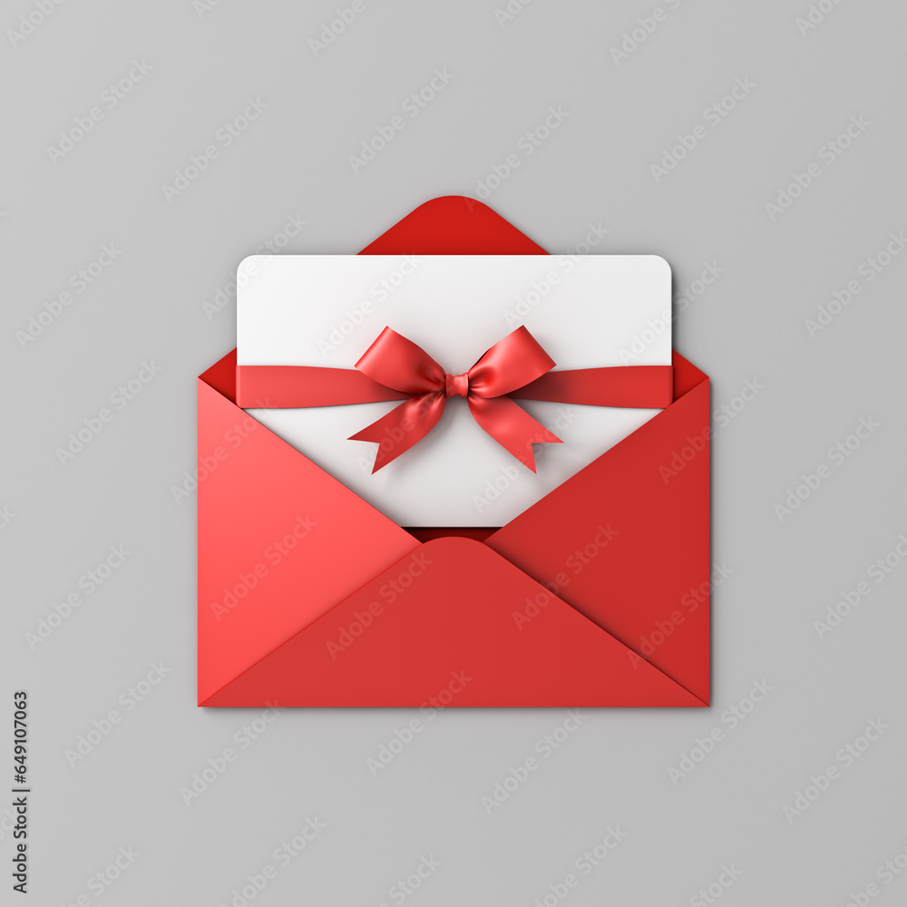 Gift card or gift voucher with red ribbon bow in open red envelope isolated on grey background with shadow minimal concept 3D rendering - obrazy, fototapety, plakaty 