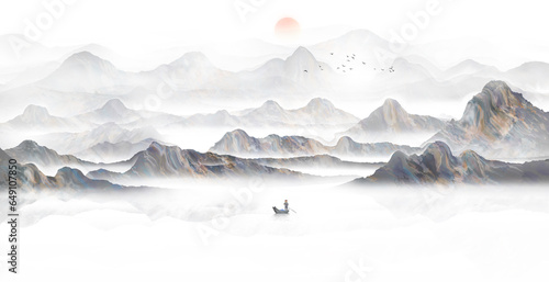 手绘中国风意境淡雅山水画背景