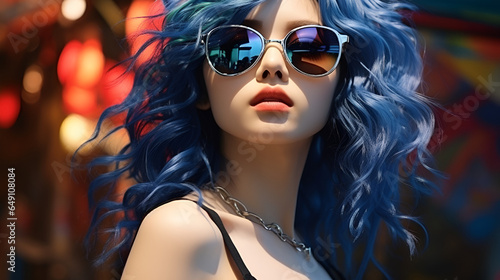 Young Korean woman with wavy blue hair and sunglasses