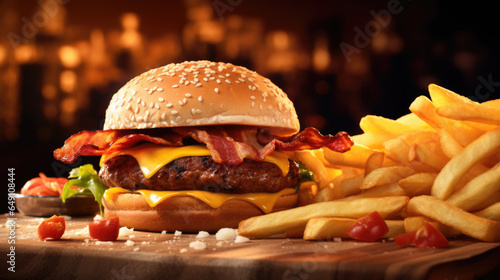 Juicy bacon cheeseburger with french fries on wooden table