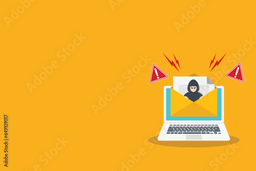 Email data phishing. Cyber thief hide inside email on a  laptop computer.  Virus, malware, email fraud, e-mail spam, phishing scam, hacker attack concept. Vector illustration	