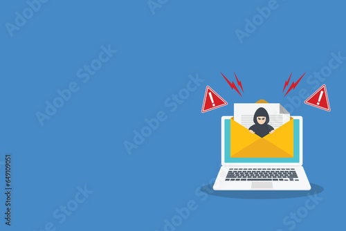 Email data phishing. Cyber thief hide inside email on a  laptop computer.  Virus, malware, email fraud, e-mail spam, phishing scam, hacker attack concept. Vector illustration	