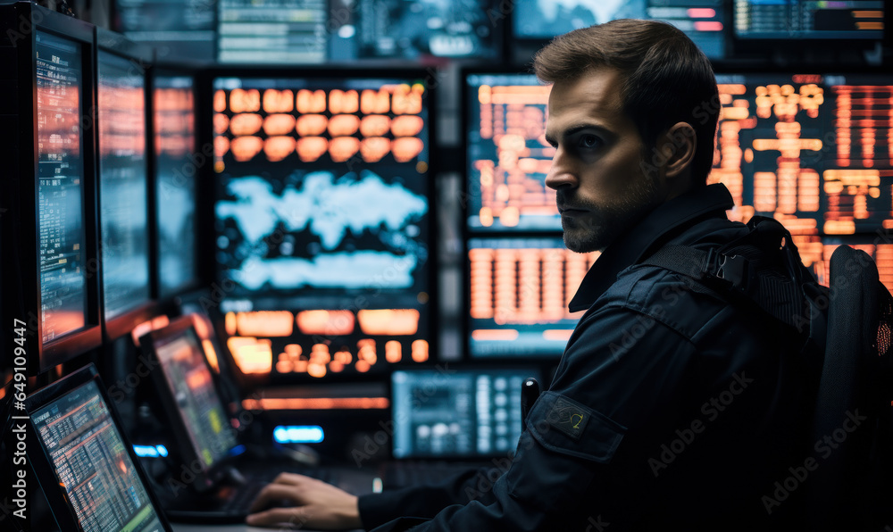 Ensuring Safety: Officer Monitoring Real-time Surveillance from Control Panel Ensuring Safety: Officer Monitoring Real-time Surveillance from Control Panel