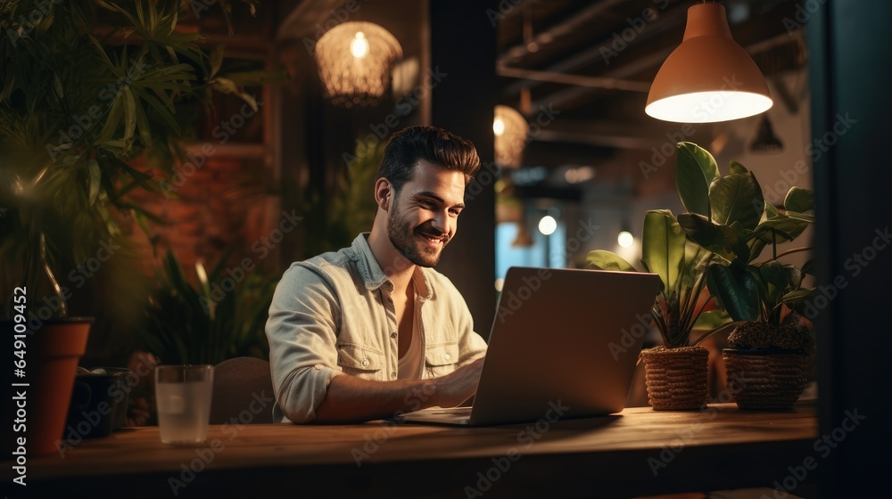 Freelance handsome man working with laptop in coffee shop Freelance handsome man working with laptop in coffee shop