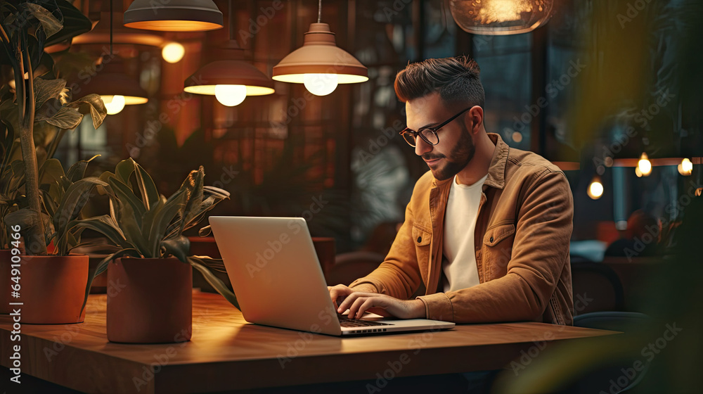 Freelance handsome man working with laptop in coffee shop Freelance handsome man working with laptop in coffee shop