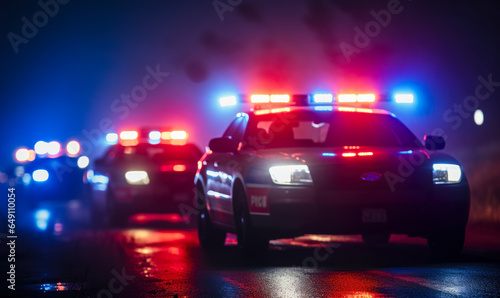 Photographie Night Patrol Drama: Fog-Enveloped Police Car Chase - Blurred Background