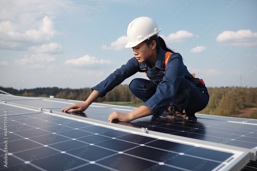 Female solar panel installer working in a roof Female solar panel installer working in a roof