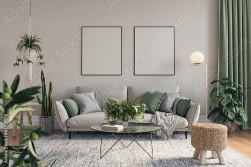 Modern mock up interior design of cozy living room with green decorative elements, 3d rendering photo