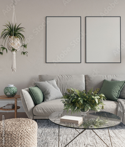 Modern mock up interior design of cozy living room with green decorative elements, 3d rendering photo