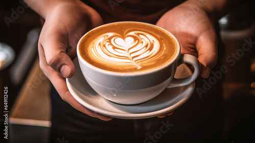 Barista and cappuccino. Roasted coffee beans. Background.