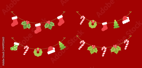 Set of Christmas and winter holiday decoration garland. Christmas decoration elements collection. Santa hat, stockings, mistletoe, ornaments, candy cane. Vector Illustration.