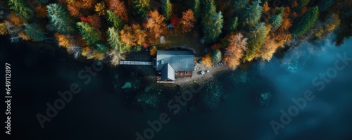 Aerial view of wooden cottage in forest near the lake. Generative ai photo