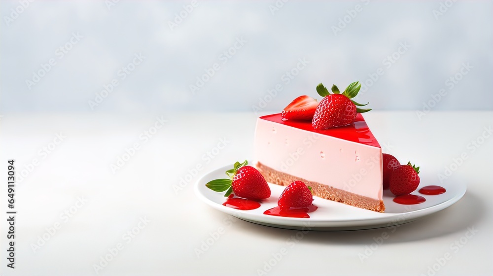 Piece of strawberry cheesecake. Light grey background with copy space. Sweet food close up Piece of strawberry cheesecake. Light grey background with copy space. Sweet food close up