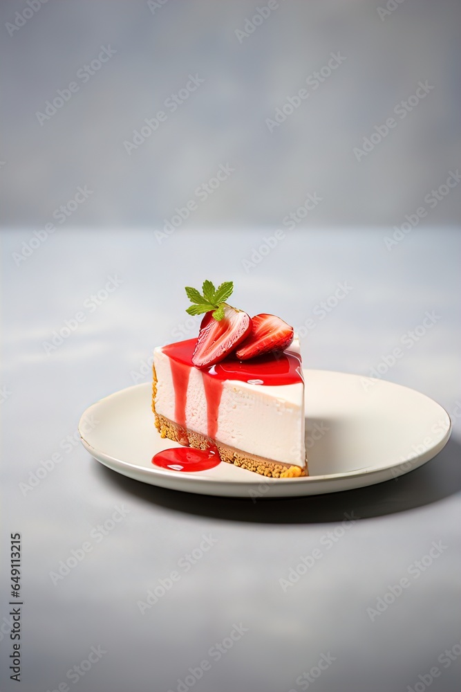Piece of strawberry cheesecake. Light grey background with copy space. Sweet food close up Piece of strawberry cheesecake. Light grey background with copy space. Sweet food close up
