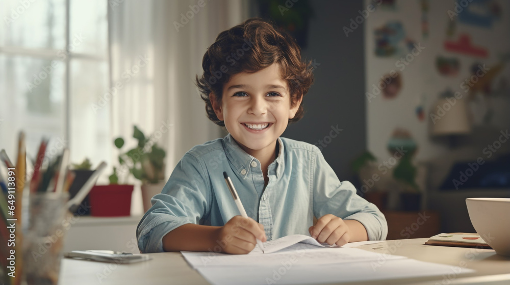 Smiling African American child school boy studying online on laptop at home Smiling African American child school boy studying online on laptop at home
