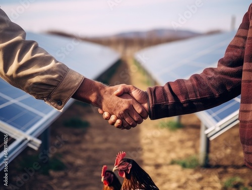 handshake between a poultry farmer and a veterinarian, with a solar panel