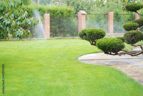 Water sprinkler system working on a garden nursery plantation. Water irrigation system