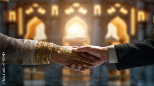 a close-up handshake between two hands, one young and one elderly, with the stunning architecture of a historic mosque background © mariyana_117