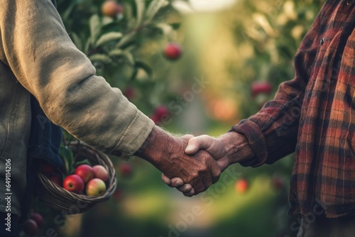 close-up handshake between two farmers in a sun-kissed  during fruit harvest