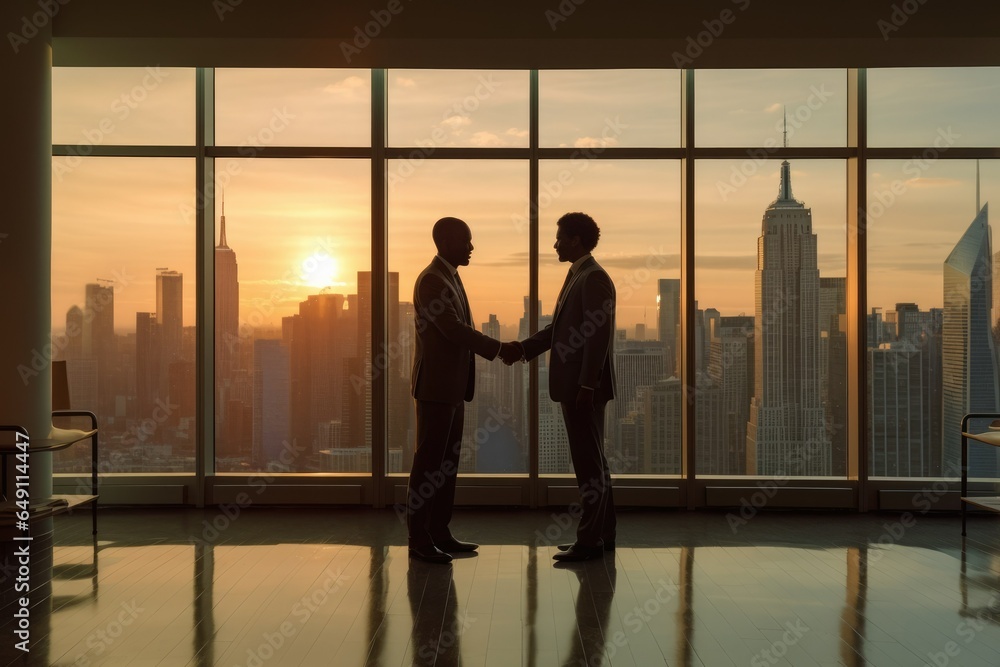 silhouette two businesspeople firmly shaking hands in office
