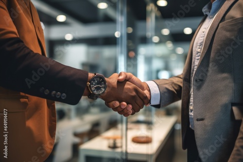 close-up handshake between an executive and a partner in a corporate office © mariyana_117