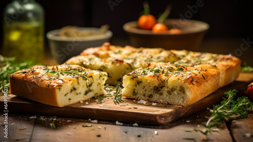 Focaccia, a rustic Italian bread, olive oil glistening on its dimpled surface, topped with fragrant rosemary and flakes of sea salt.