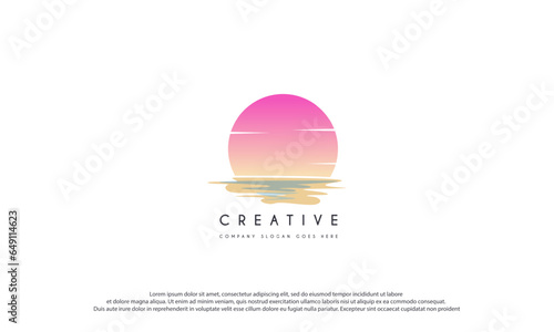 Ocean wave with sunset or sunrise logo design vector illustration.