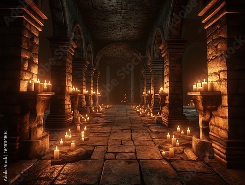 Candles illuminate the passage in the dungeon along the stone path