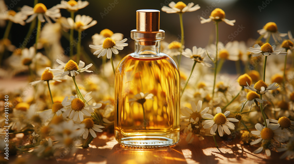 Essential oil with chamomile flower. Essential oil with chamomile flower.