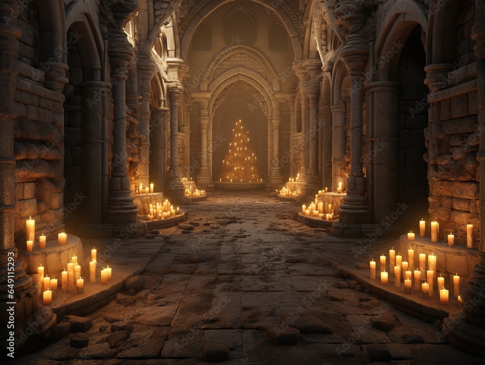 Candles illuminate the passage in the dungeon along the stone path