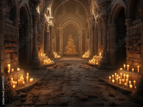 Fotótapéta Candles illuminate the passage in the dungeon along the stone path
