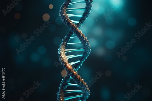 a DNA double helix seemingly floating in a dark room, with thin beams of light piercing from the sides, illuminating its intricate twists and turns