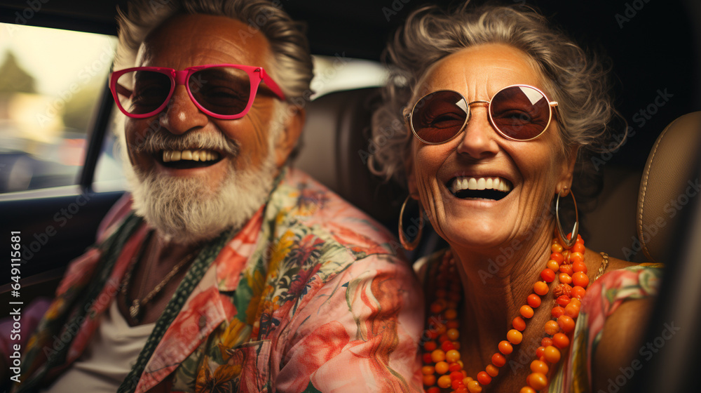 Obraz premium Elderly happy couple driving a car.
