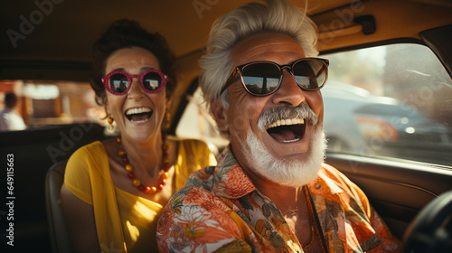 Elderly happy couple driving a car.