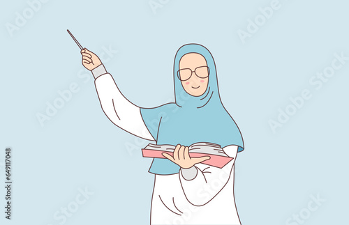 Teacher in hijab and glasses teaches at the blackboard. Illustration of a teacher teaching