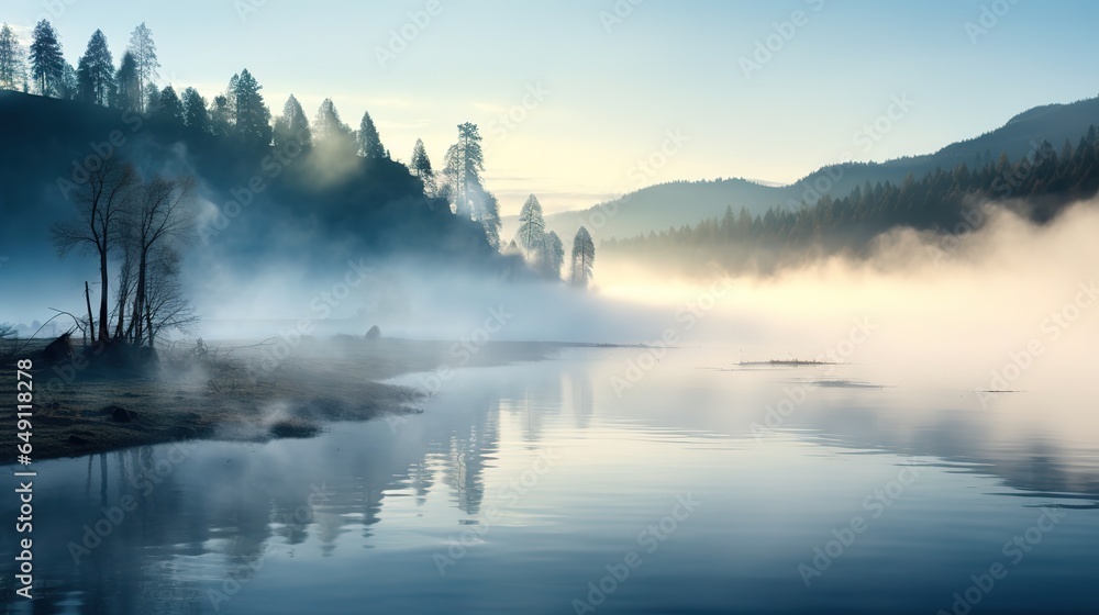 View from the height of the forest and lake in the fog.Aerial view. Panoramic shot