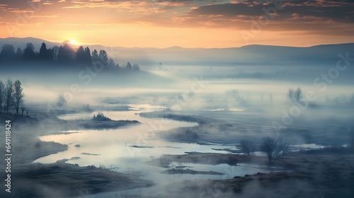 View from the height of the forest and lake in the fog.Aerial view. Panoramic shot