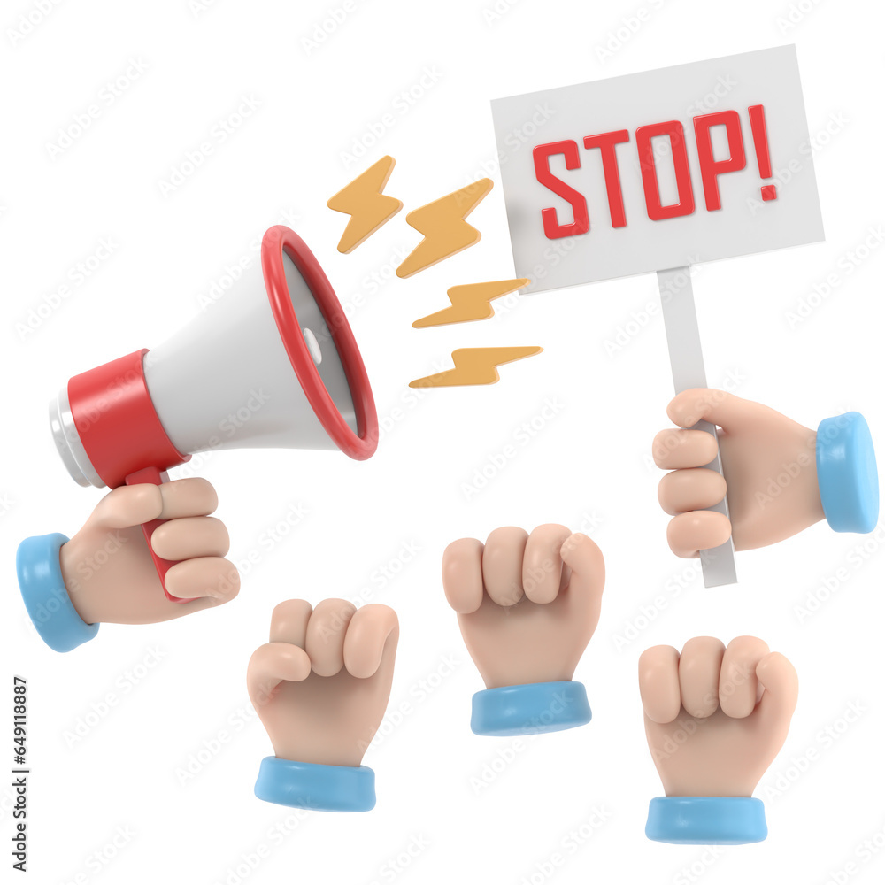 Protest Sign Cartoon Invisible Background Cartoon hands of demonstrants and hand with Megaphone and stop sign ...