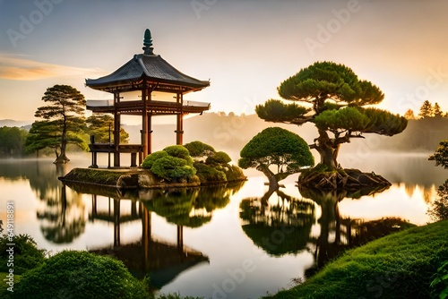 japanese garden at sunset,Serene Chinese Pagoda Reflecting in Still Lake at Sunset, Idyllic Chinese Pagoda on Tranquil Lake at Dusk,Capture the Mystique of a Chinese Pagoda on a Misty Lake.