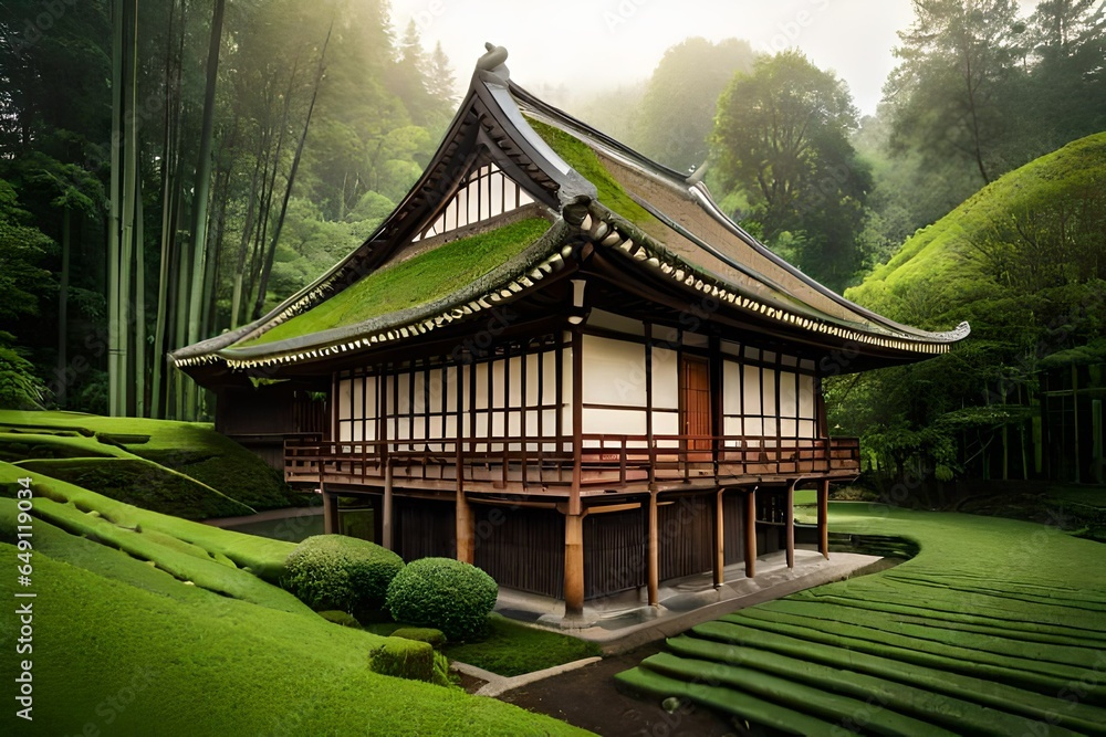Fototapeta premium Traditional Japanese House in Lush Green Garden