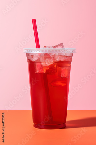 Wallpaper Mural Red drink in a plastic cup isolated on a red pastel background. Take away drinks concept Torontodigital.ca