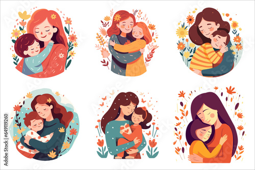 Set of mothers hugging their daughters or sons on floral backgrounds, flat style vector illustration. Happy Mother's Day greeting card.