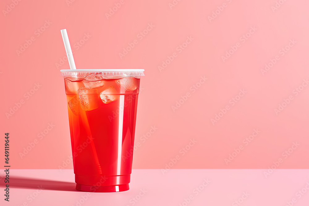 Red drink in a plastic cup isolated on a red pastel background. Take away drinks concept with copy space Red drink in a plastic cup isolated on a red pastel background. Take away drinks concept with copy space