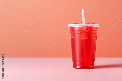 Red drink in a plastic cup isolated on a red pastel background. Take away drinks concept with copy space